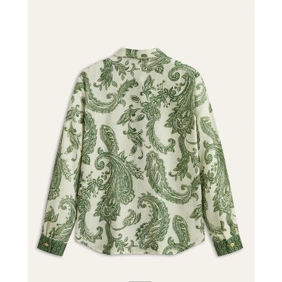 Commense Paisley Print Button Down Shirt Green Cream Boho Chic Size Large NWT's - Picture 2 of 15